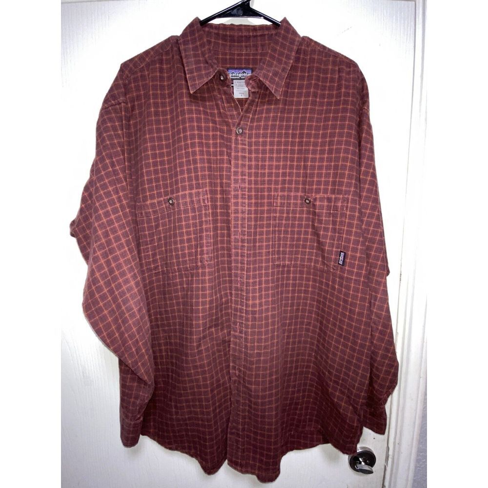 Patagonia Shirt Men Large Red Blue Plaid Organic Cotton Long Sleeve Button Down
